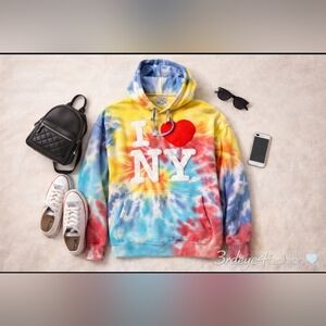 🌈 Tie-Dye “I ❤️ NY” Hoodie S M 💗 Felt Lettering Cozy Streetwear